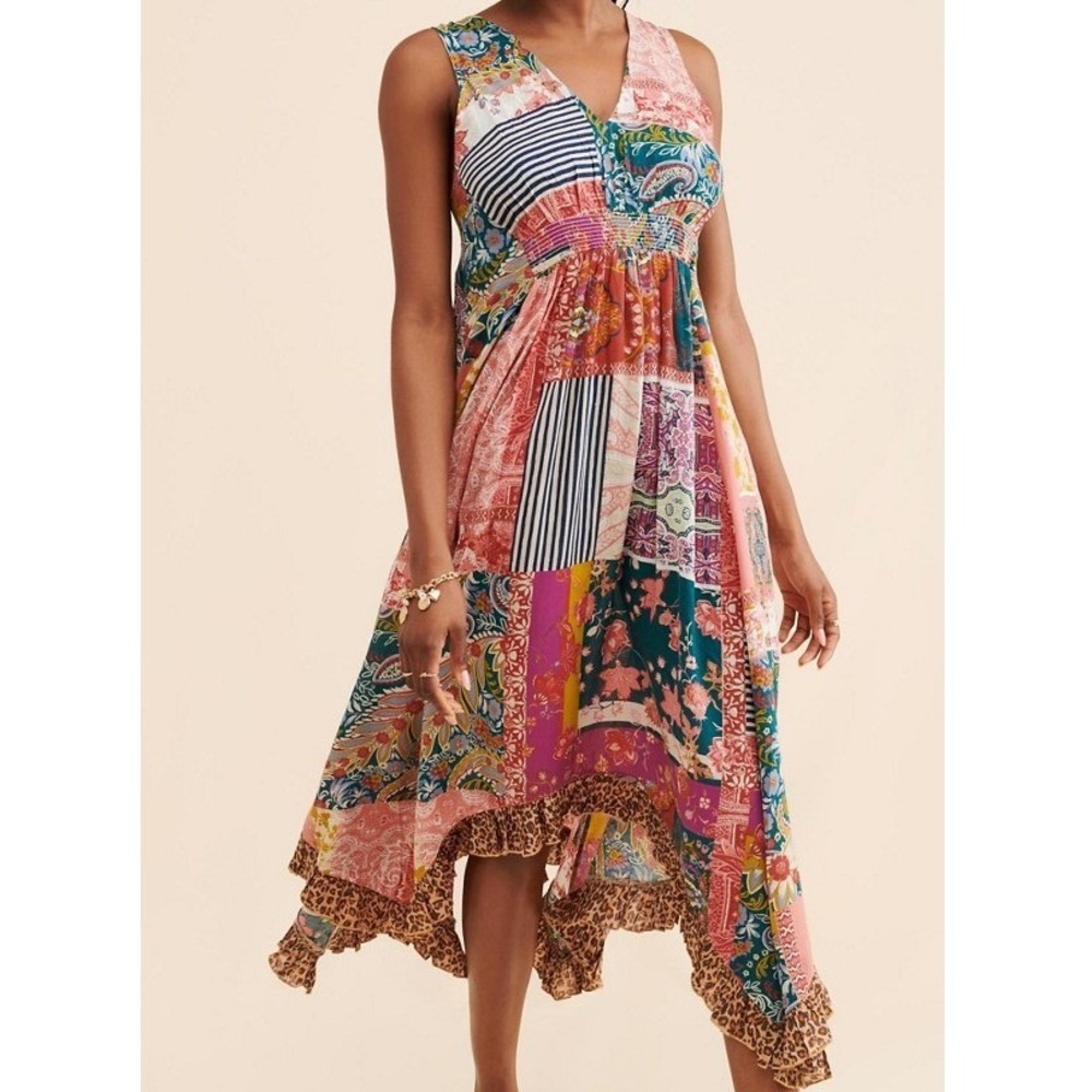 By Anthropologie Margaux Midi Dress Patchwork Multicolor Asymmetric Size Small